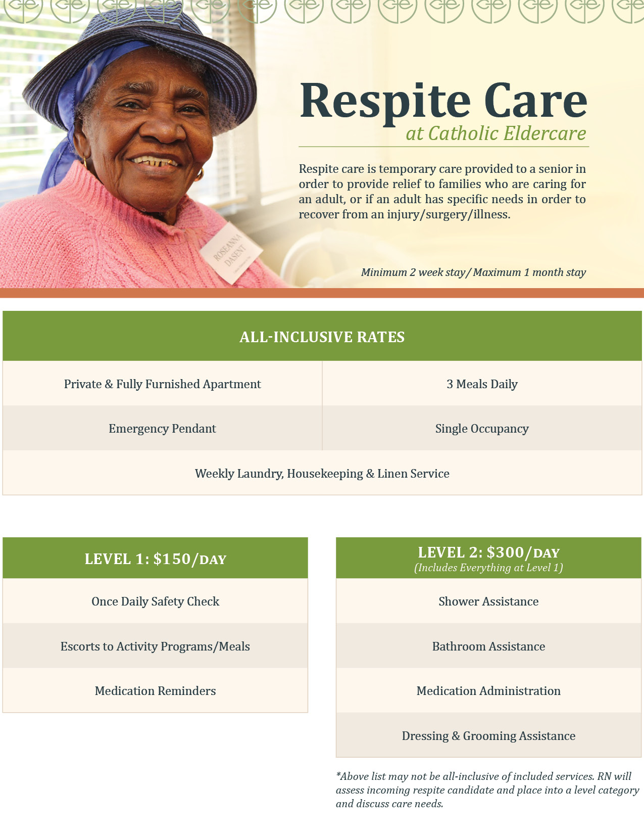Respite Care at Catholic Eldercare Respite care is temporary care provided to a senior in order to provide relief to families who are caring for an adult, or if an adult has specific needs in order to recover from an injury/surgery/illness. 